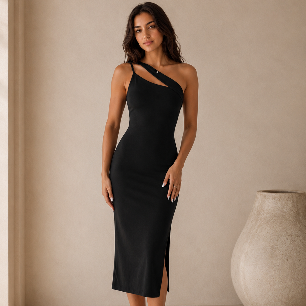 Black Asymmetric Bodycon Midi Dress